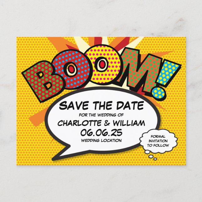 Save the Date Modern Fun Comic Book Boom Announcement Postcard (Front)