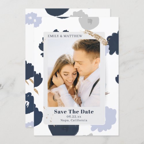 Save The Date Modern Glitter Photo Blue Floral