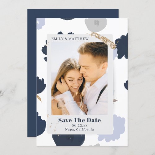 Save The Date Modern Glitter Photo Blue Floral