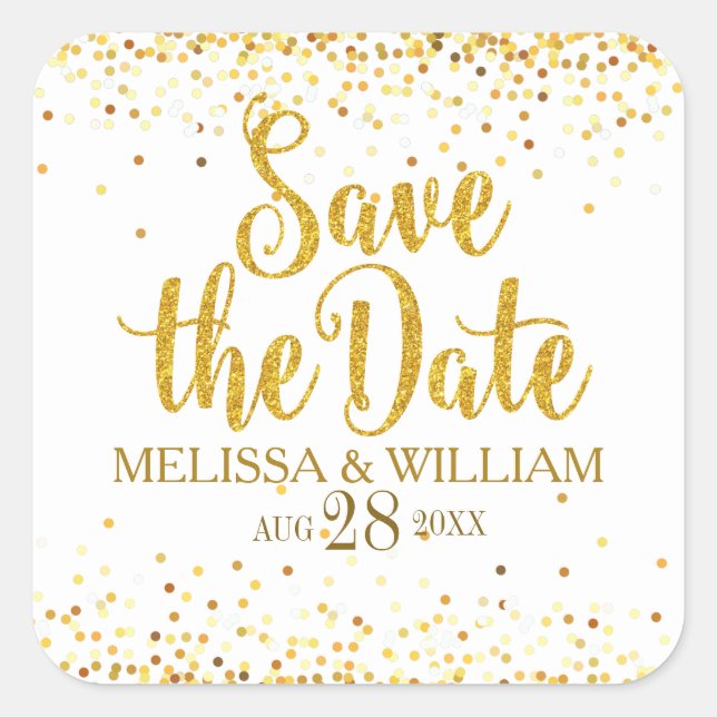 Save The Date Modern Glitter Text Design Square Sticker (Front)