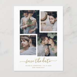 Save the Date Modern Gold Four Photo Collage Postcard