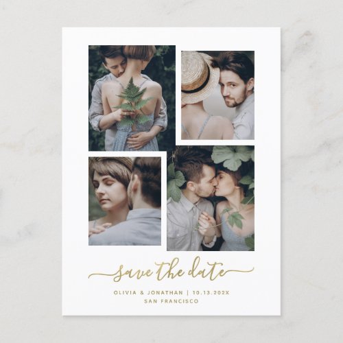 Save the Date  Modern Gold Four Photo Collage Postcard