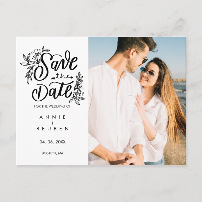 Save the Date Modern Hand Script Photo Postcard (Front)