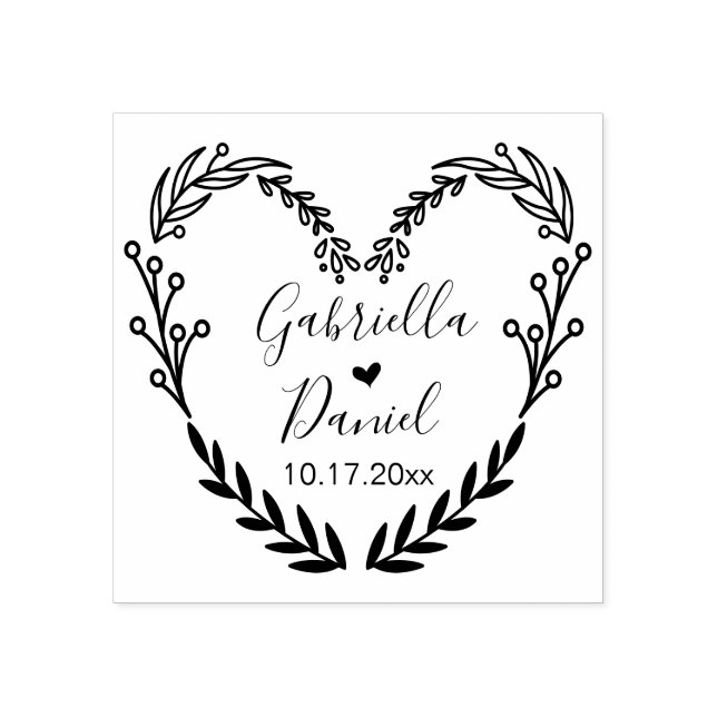 Save the date, Modern Heart Leafy Frame Rubber Stamp (Imprint)