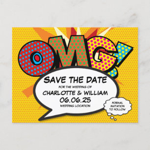 Save the Date Modern Love Fun Comic Book OMG Announcement Postcard