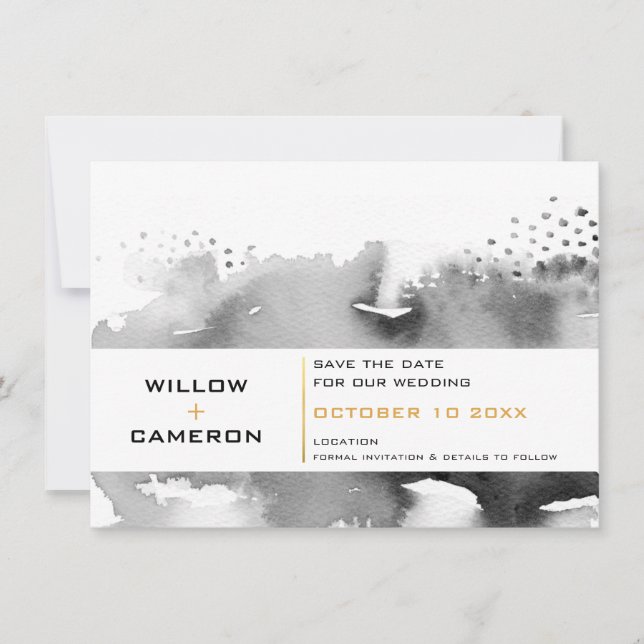 SAVE THE DATE modern minimal watercolor black gold (Front)