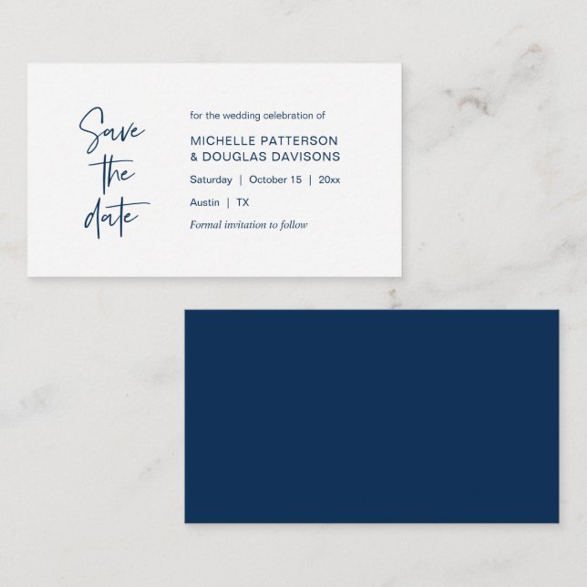 Save the date, modern minimalist Navy Blue Enclosure Card (Front/Back)