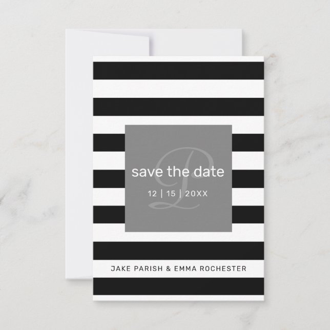 Save the Date Modern Monogram Black White Stripes (Front)