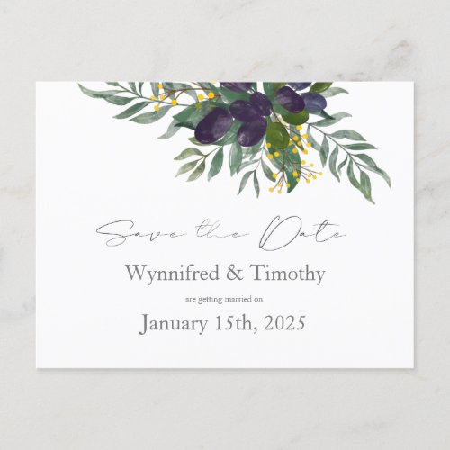 Save the date modern Olive branch watercolor  Holiday Postcard