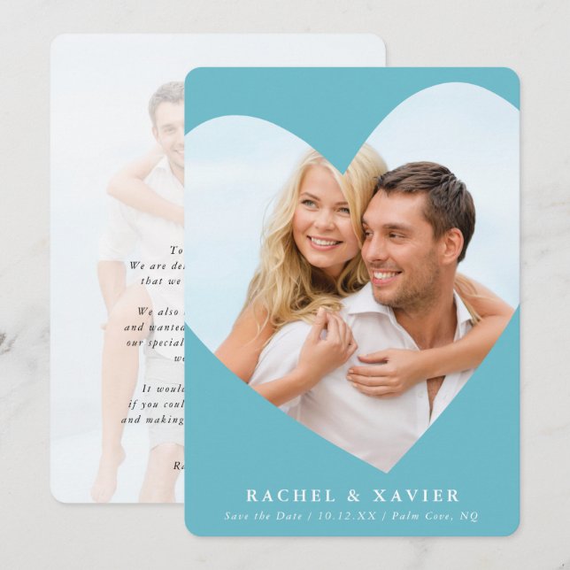 SAVE THE DATE modern photo heart frame turquoise Invitation (Front/Back)
