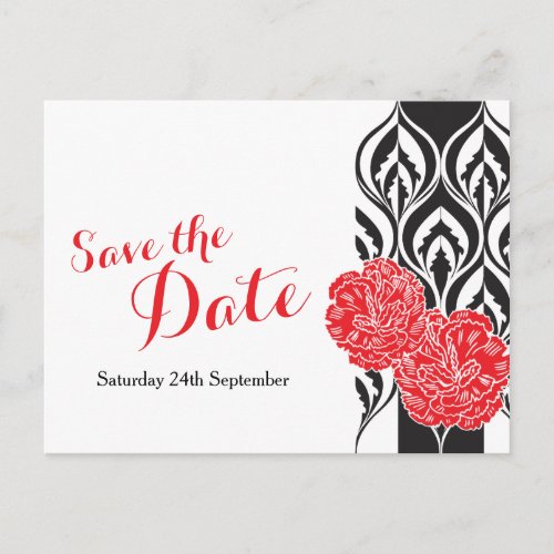 Save the date modern red dianthus wedding postcard