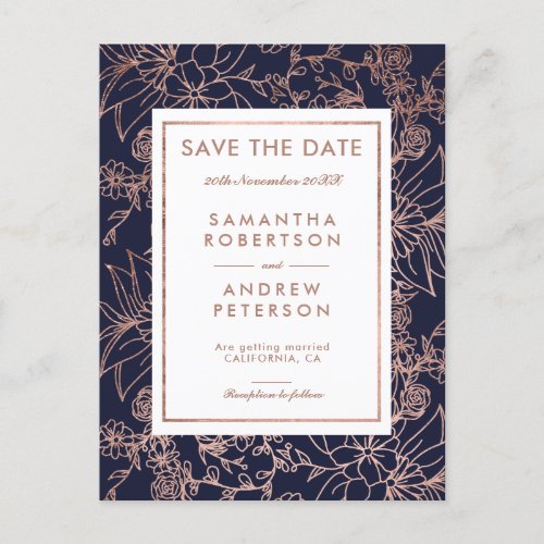 Save the Date Modern rose gold floral frame navy Announcement Postcard