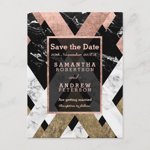 Save the Date modern rose gold marble geometric Announcement Postcard