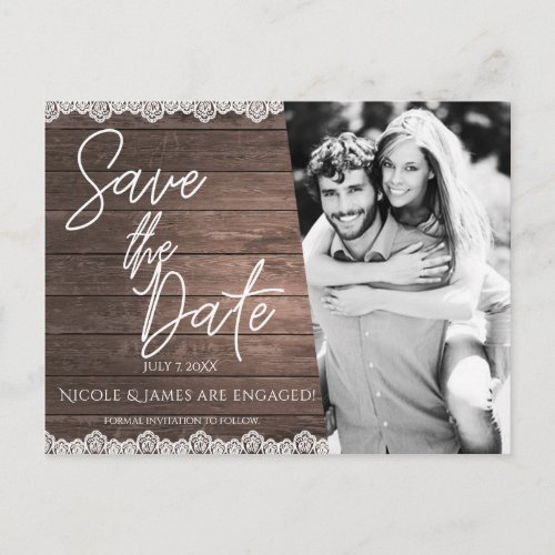 Save the Date Modern Rustic Wood  Lace Photo Announcement Postcard