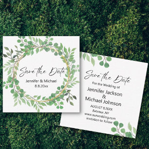 save the date modern script greenery wreath note card