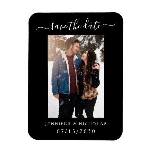 Save The Date Modern Script Photo Black Magnet