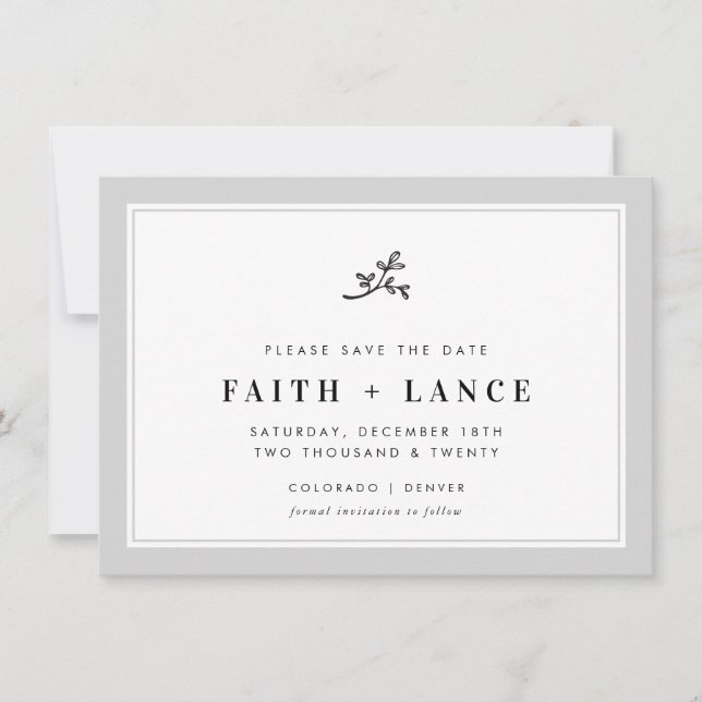SAVE THE DATE modern sprig simple border soft gray (Front)