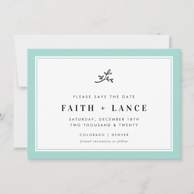 SAVE THE DATE modern sprig simple border soft mint Invitation (Front)