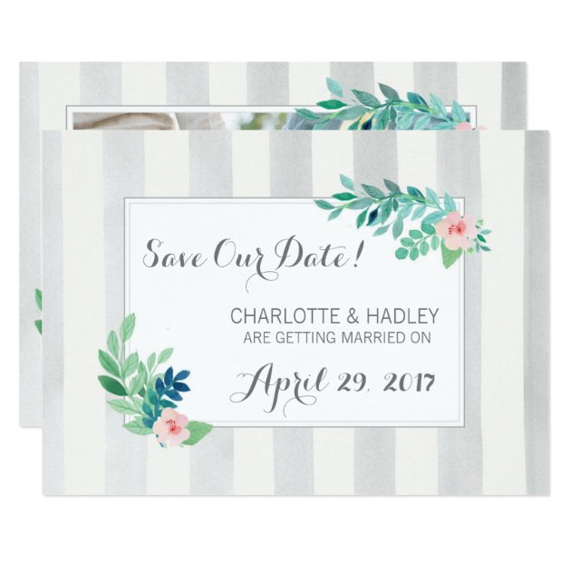 Save The Date Modern Stripes & Bohemian Floral Card