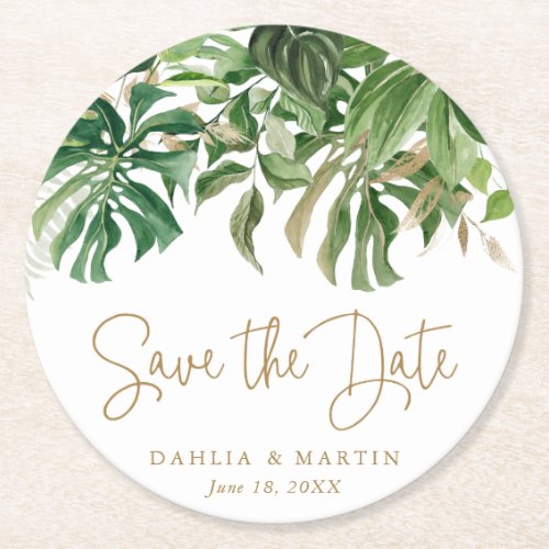 Save the Date Modern Tropical Greenery Gold Round Paper Coaster