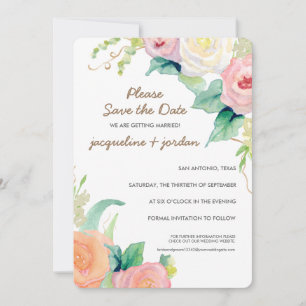 Save the Date Modern Watercolor Floral Roses Invitation