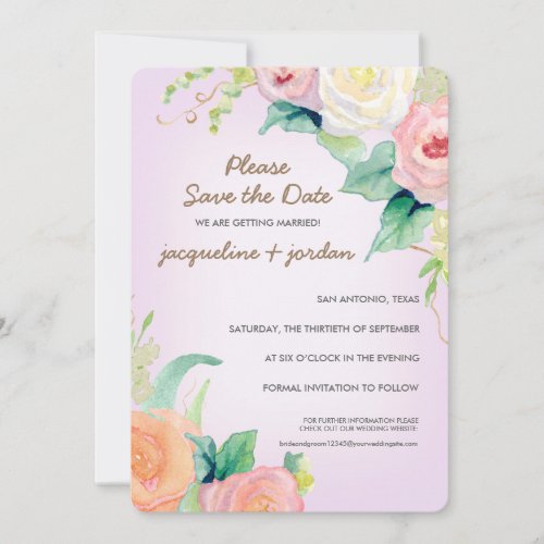 Save the Date Modern Watercolor Floral Roses Invitation