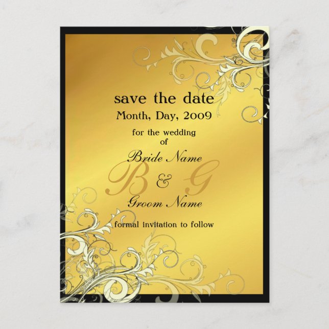 Save the Date, monogram cream swirls Announcement Postcard (Front)