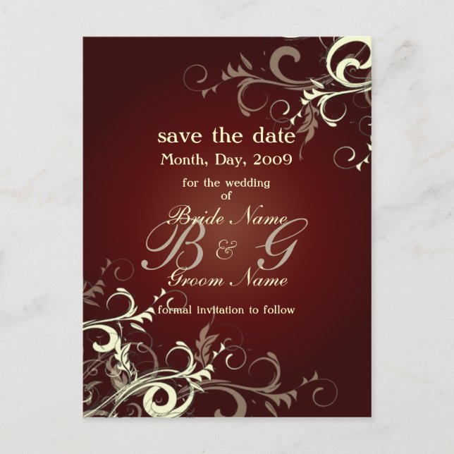 Save the Date, monogram cream swirls Announcement Postcard (Front)