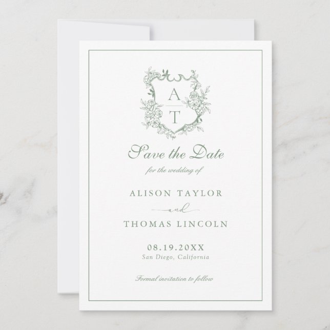 Save The Date Monogram Crest Sage Green Card (Front)