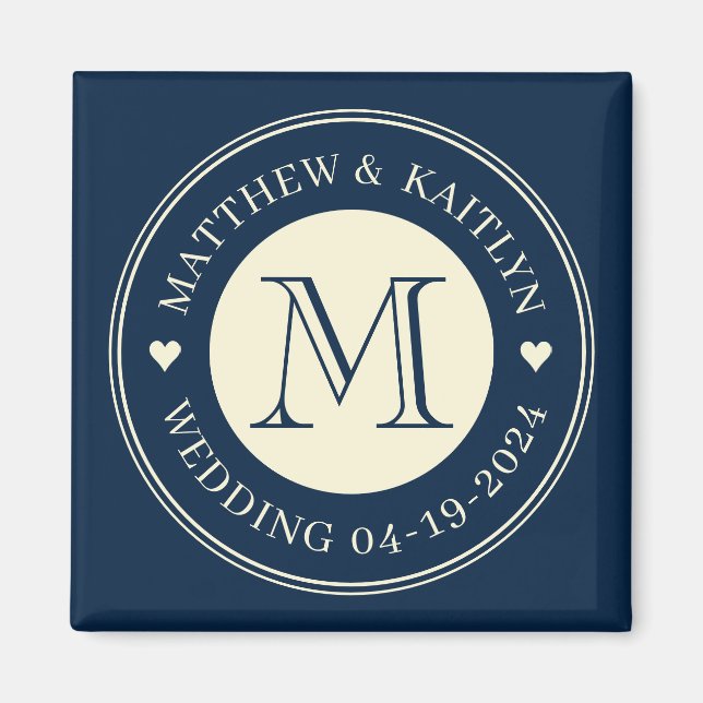 Save the Date Monogram Heart Deep Sea Blue Magnet (Front)