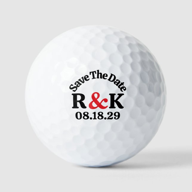SAVE THE DATE Monogram Initials & Red Ampersand Golf Balls (Front)