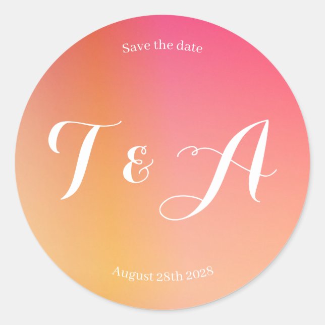 Save the Date Monogram Modern Sunset Ombre Classic Round Sticker (Front)