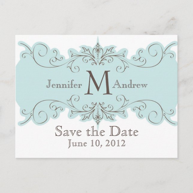 Save the Date Monogram Wedding Blue Swirls Card (Front)