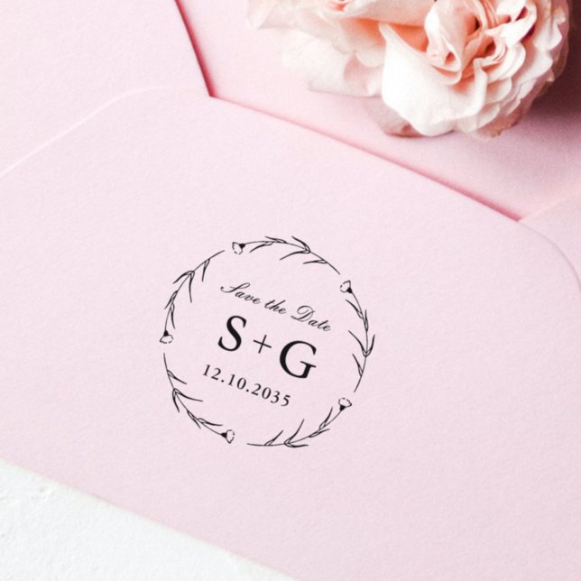 Save The Date Monogram Wedding Greenery Self-inking Stamp (Creator Uploaded)