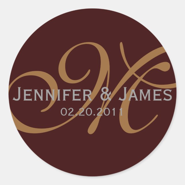 Save the Date Monogram Wedding Sticker Brown (Front)