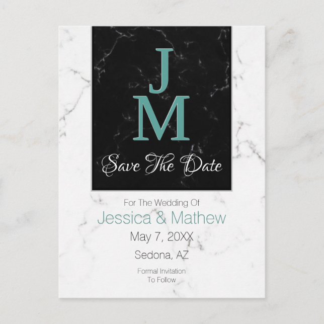Save The Date, Monogram White & Black Marble, DIY Announcement Postcard (Front)