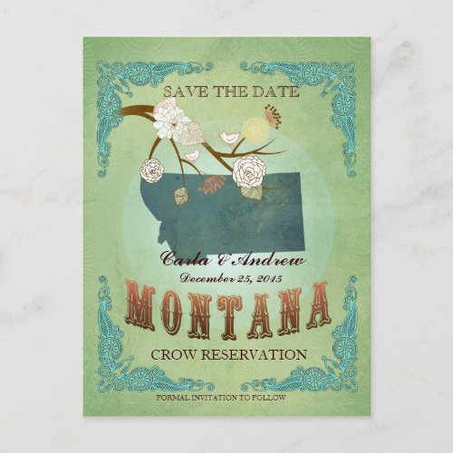 Save The Date _ Montana Map With Lovely Birds Announcement Postcard