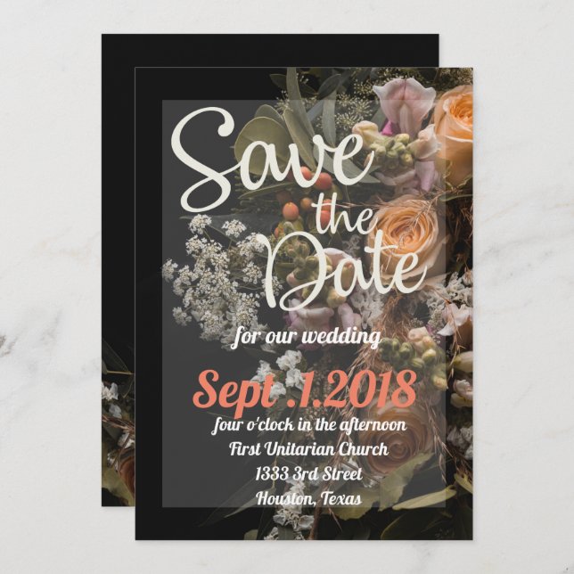 save the date moody floral,  orange white floral   invitation (Front/Back)