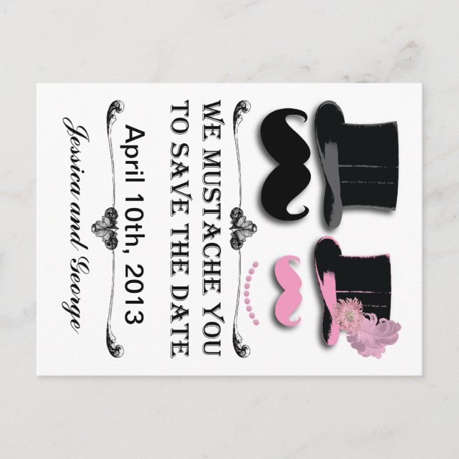 Save the date Mustache and Top Hat Postcard (Front)
