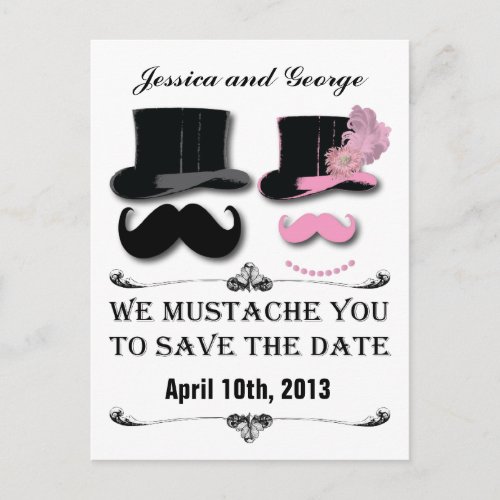 Save the date Mustache and Top Hat Postcard