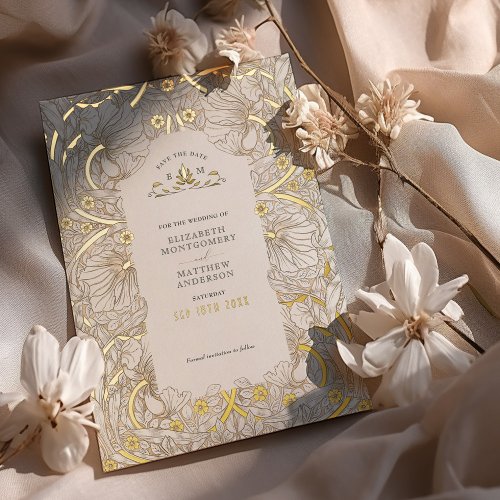 Save the Date Muted White Pimpernel Vintage Morris Foil Invitation