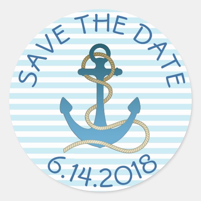 Save the Date Nautical Anchor Blue White Stickers (Front)