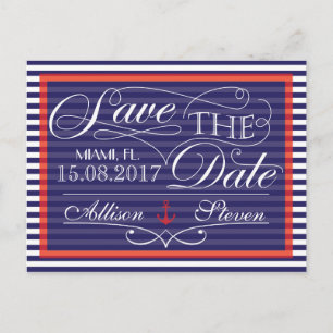 Save the date, nautical design announcement postcard