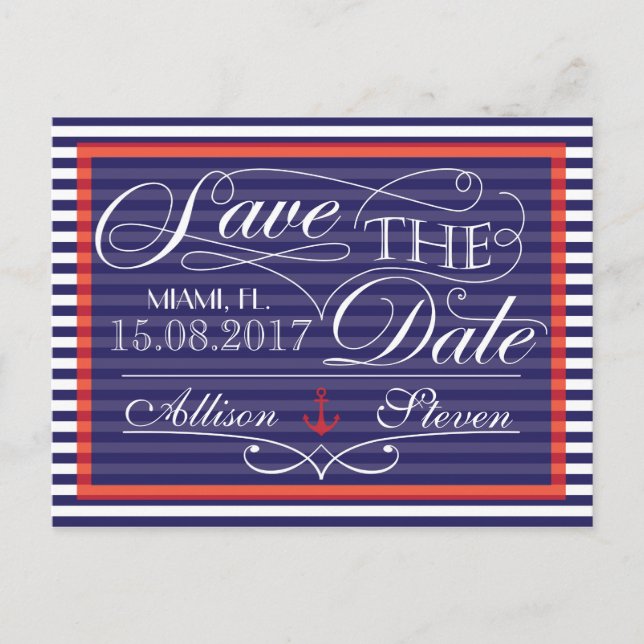 Save the date, nautical design announcement postcard (Front)