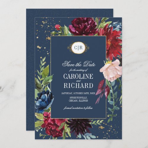 Save the Date Navy Blue  Burgundy Bloom Wedding Invitation