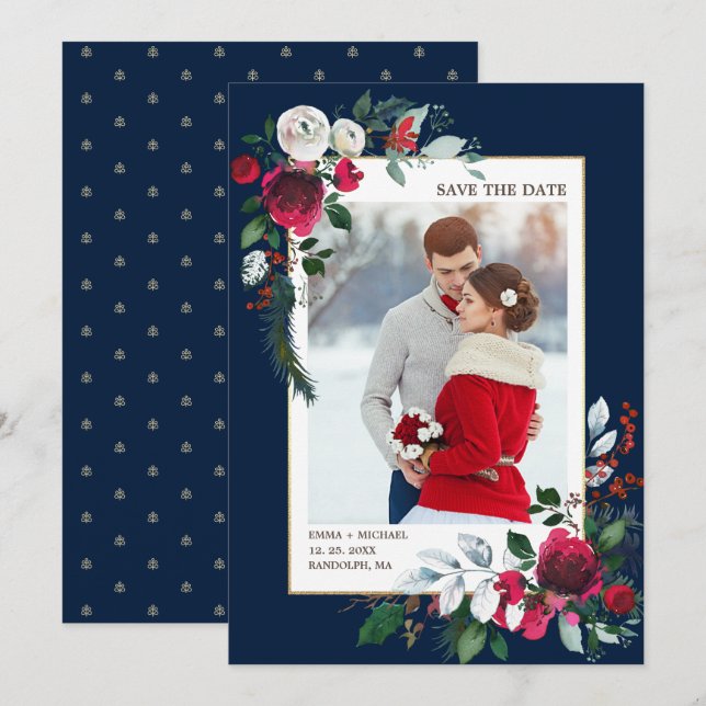 Save the Date. Navy Blue | Burgundy Wedding Photo Invitation (Front/Back)