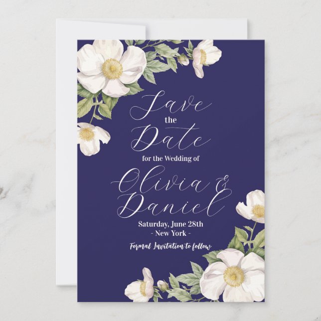 Save The Date Navy Blue Cream Floral Wedding  (Front)