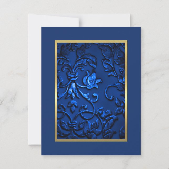Save the Date Navy Blue Damask with Any Color (Front)