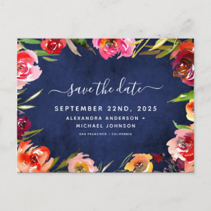 Save the Date Navy Blue Floral Watercolor Announcement Postcard