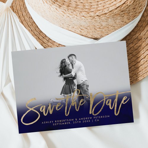 Save the Date navy blue gold faux gold photo Announcement Postcard